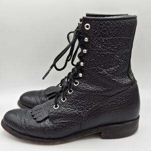 Justin 90s L522 Bullhide Western Lacer Boots  Size 6.5 D Pebbled Black Leather